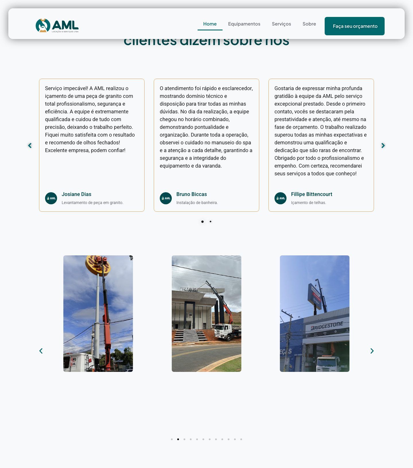 Testimonial section of the AML site, with client accounts in cards on a light background.