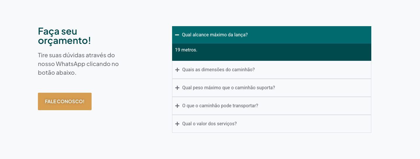 Closing block of the site: "request your quote" call to action, WhatsApp button, and an FAQ about reach, dimensions, and capacity.
