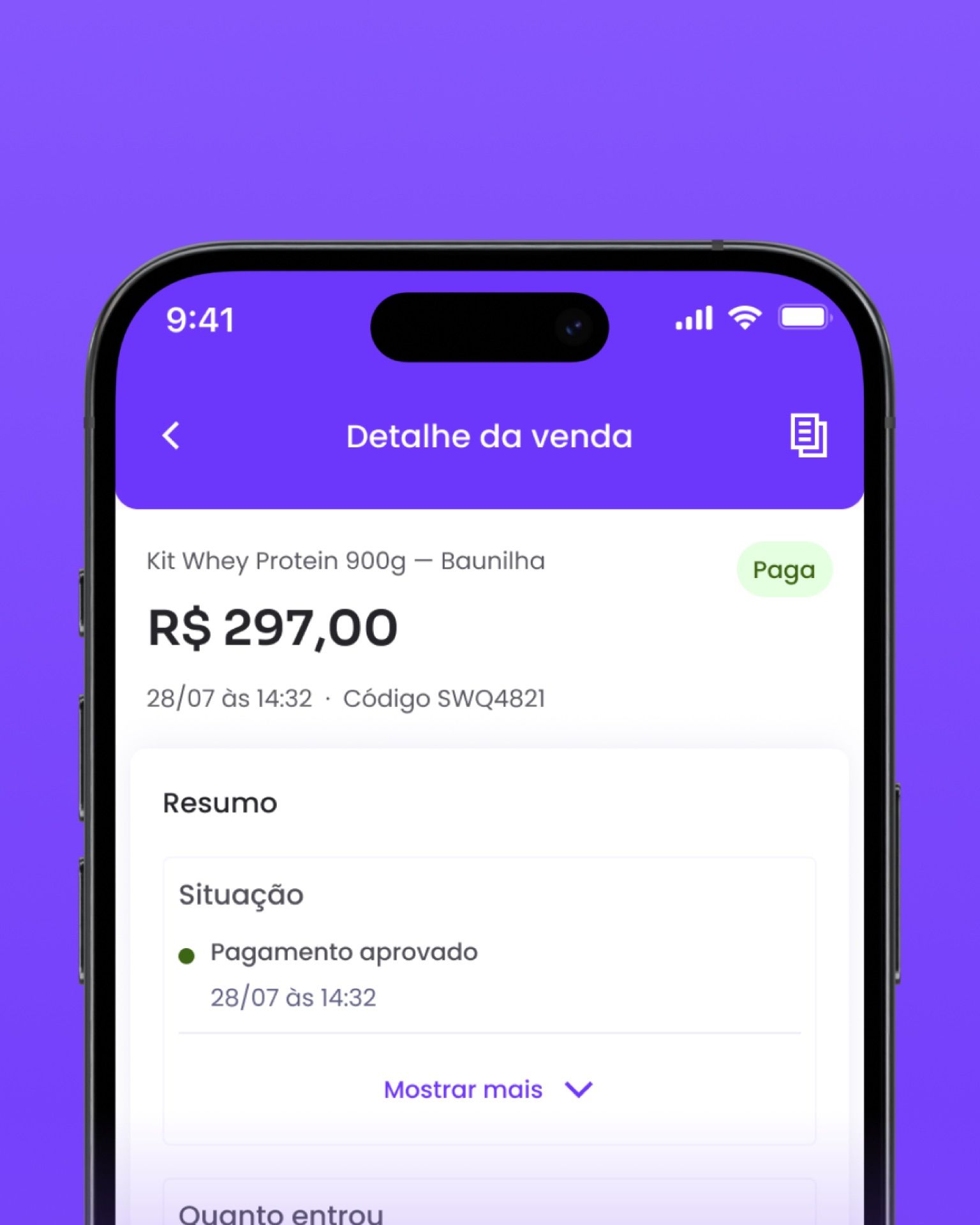 Sale detail with amount, payment status and order summary.