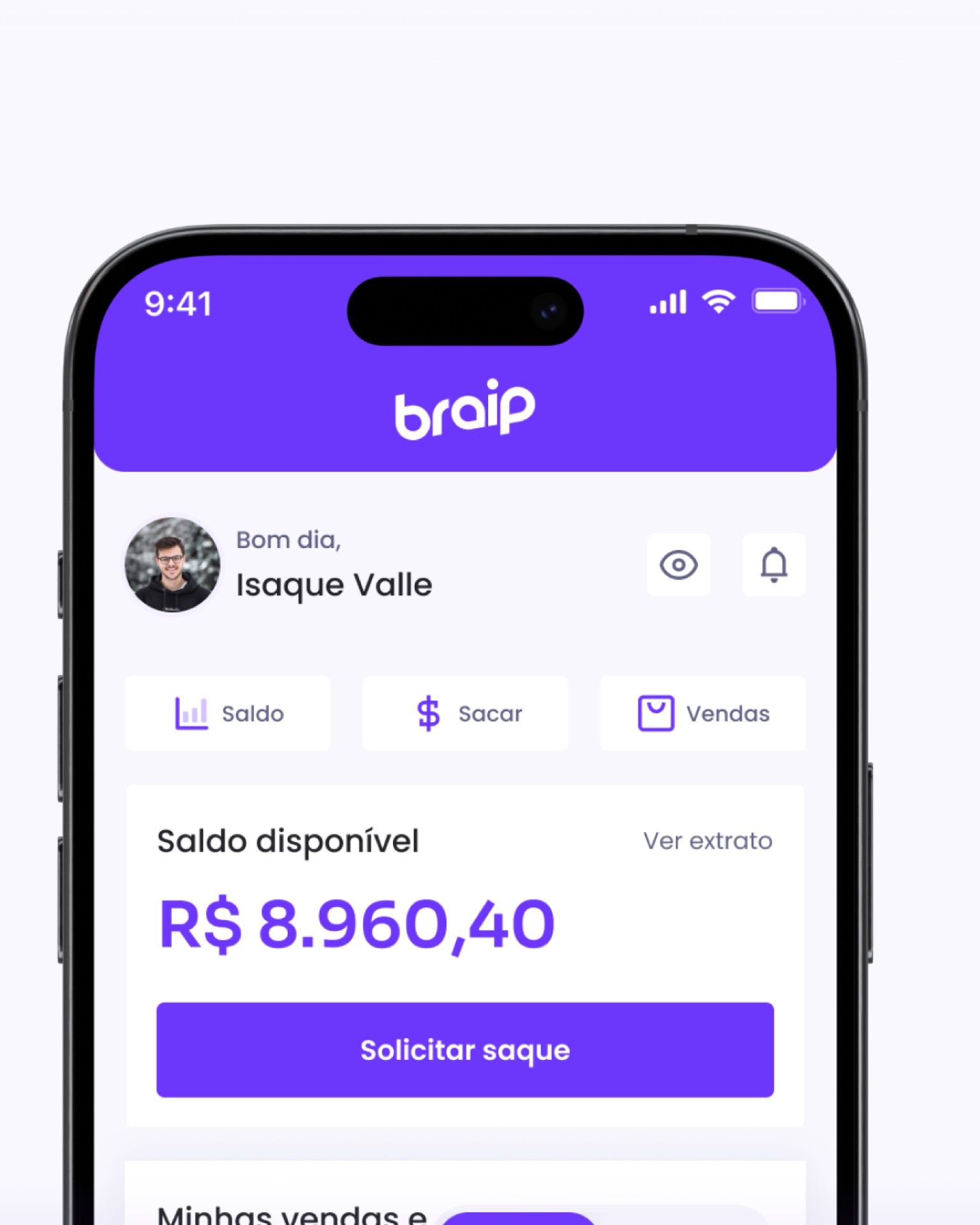 Braip App home with available balance, withdraw button and sales summary.