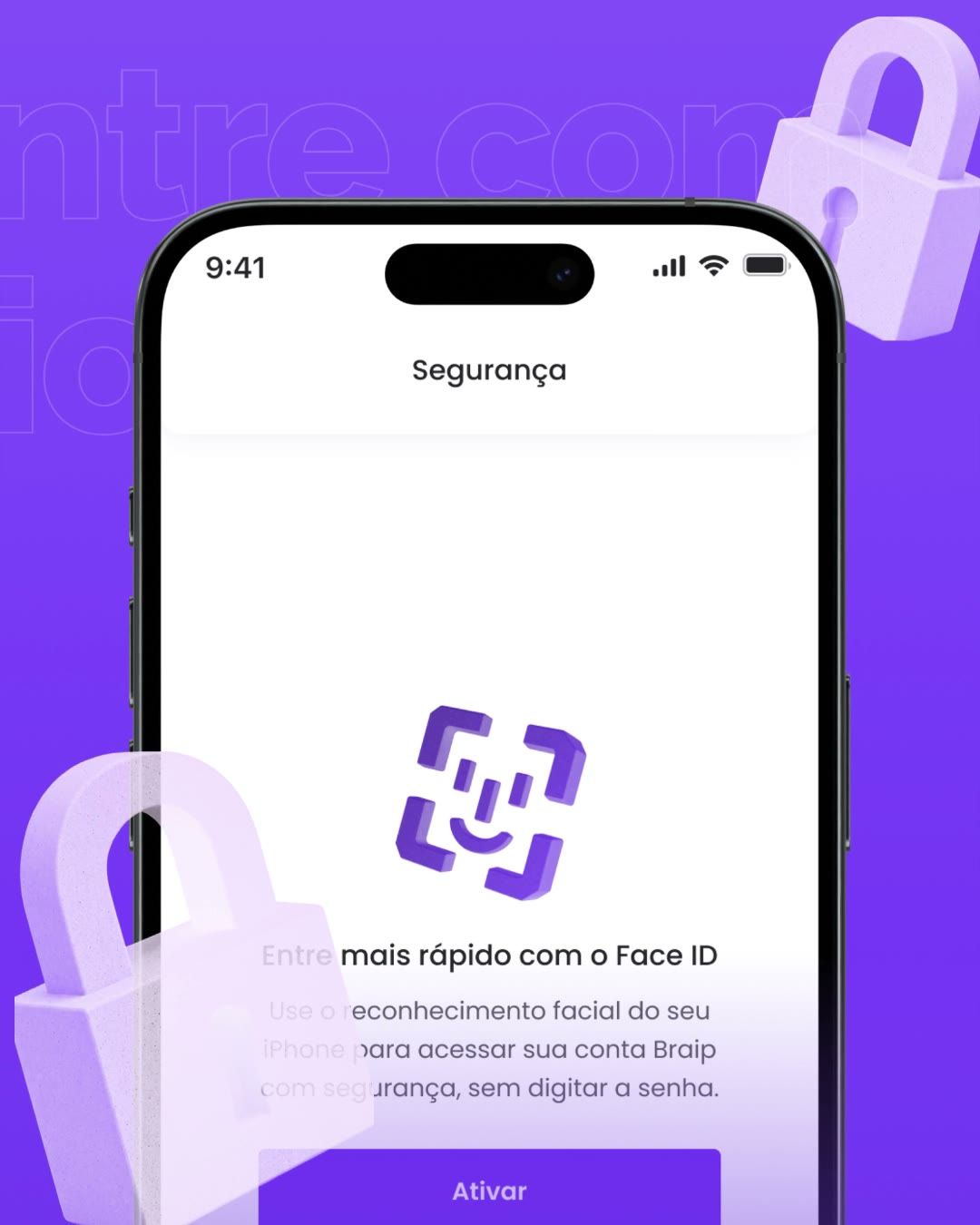 Face ID activation screen with 3D padlocks coming in from the edges.