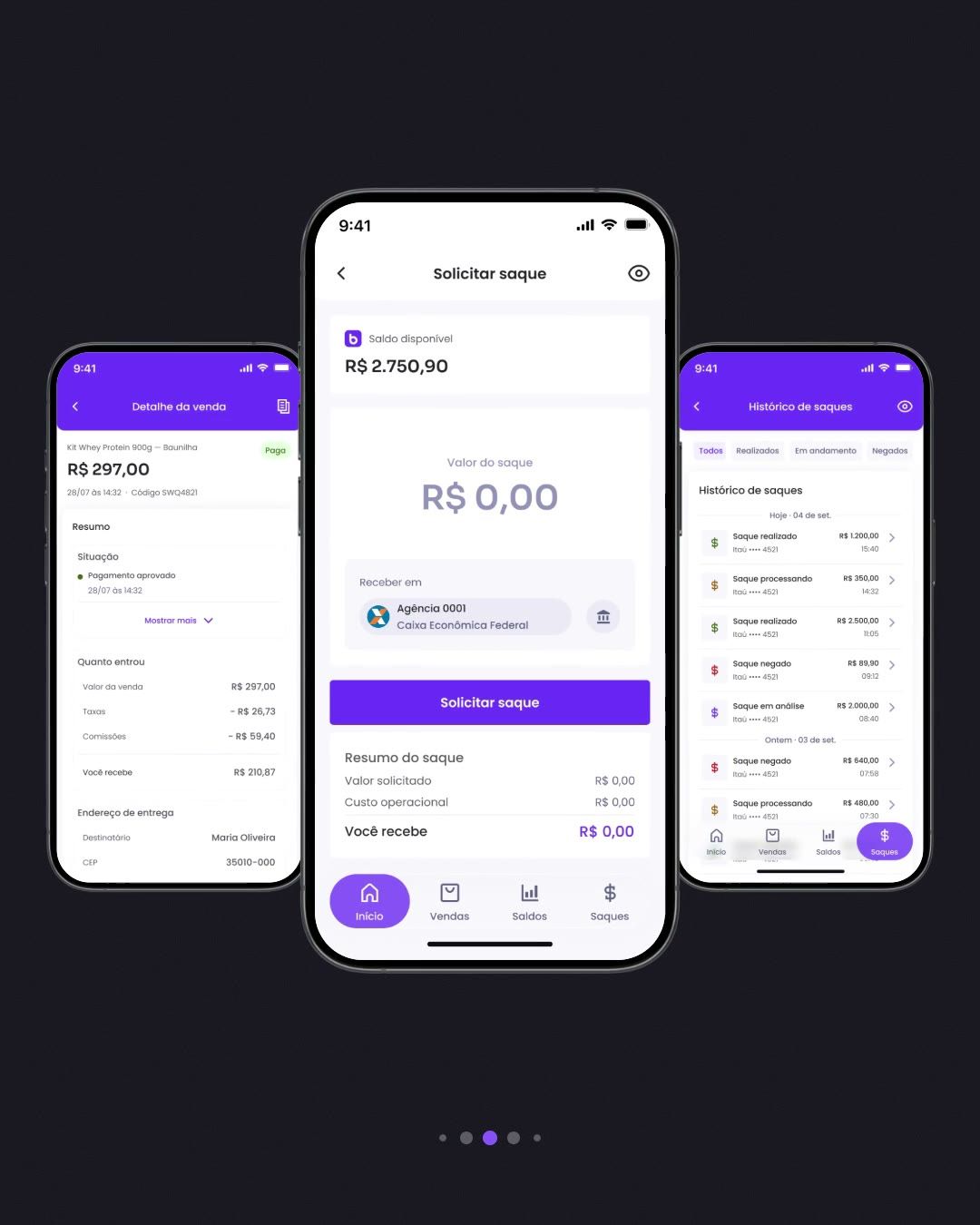 Three iPhones in coverflow on a dark background showing sale detail, request withdrawal and history.