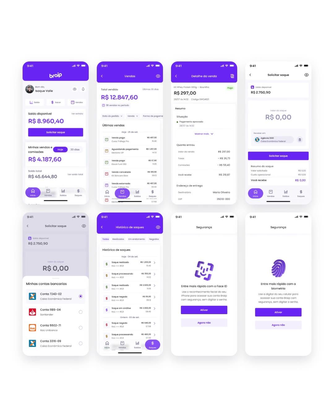 Wall of Braip App screens — home, sales, detail, withdrawal, history and biometrics — side by side.