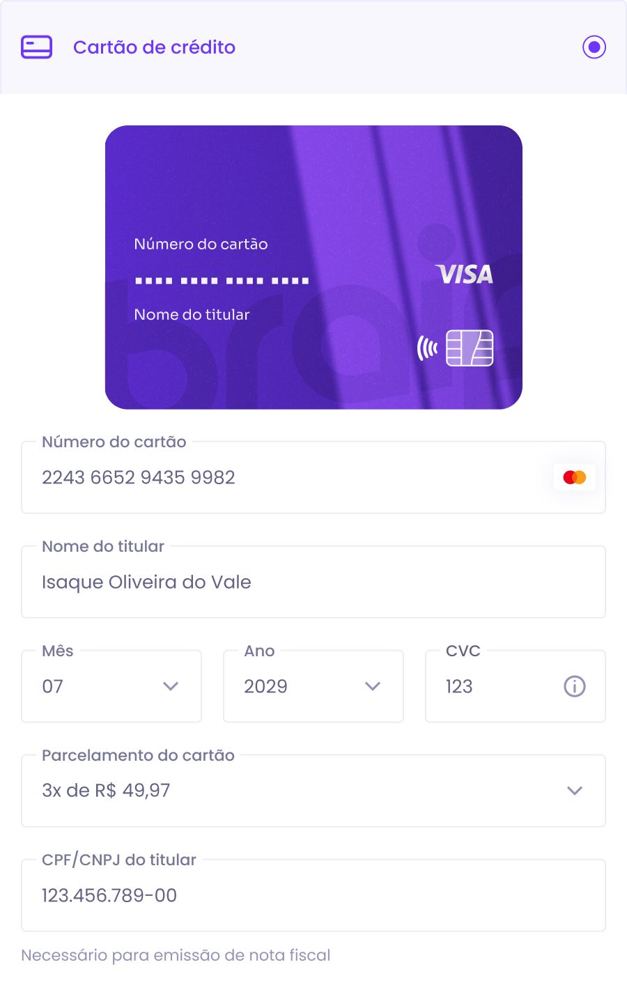 Payment block with the credit card filled in — number, holder and network mirrored on the card above the expiry, CVC and installment fields