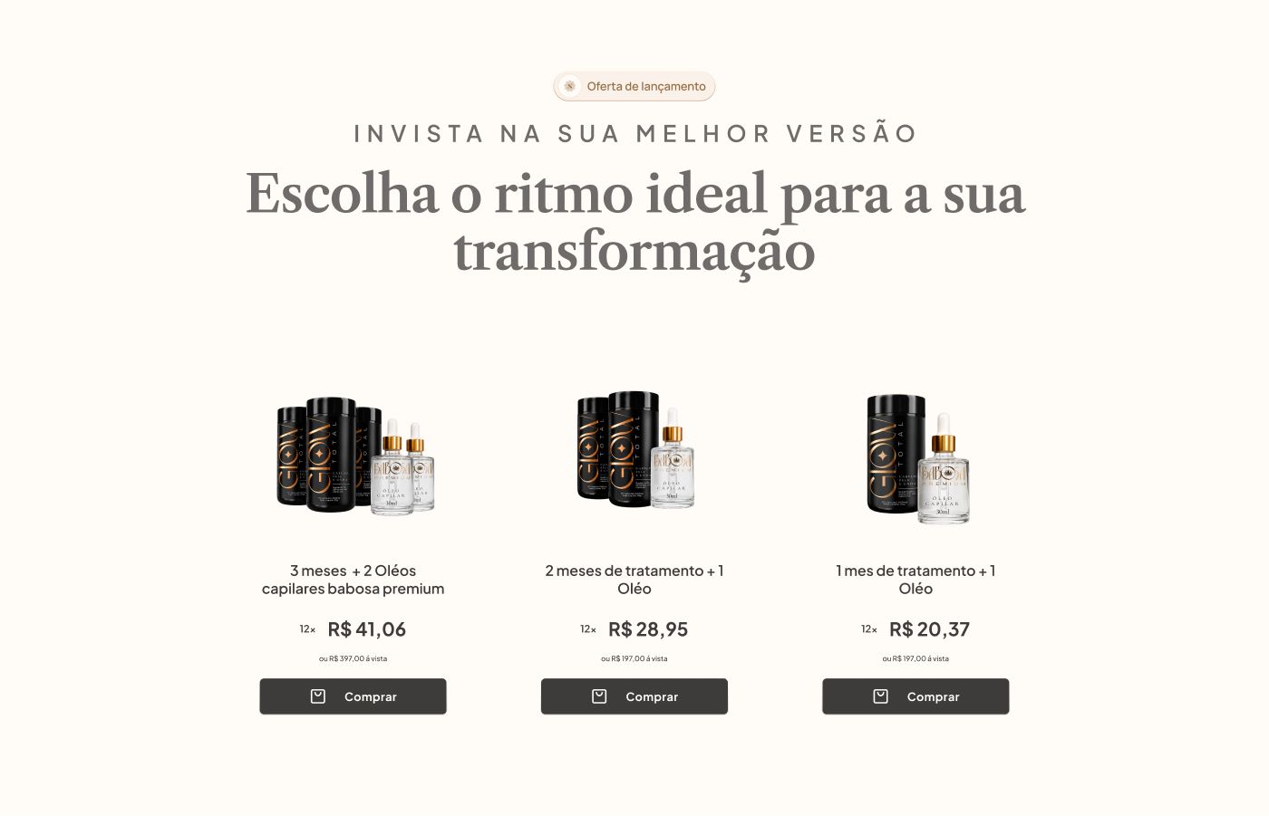 The offer section with three treatment plans side by side, each with a product composition, instalment price and buy button