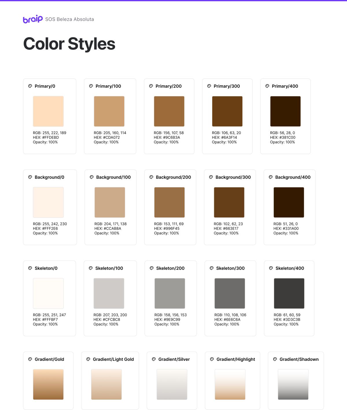 Color Styles panel from the SOS Beleza Absoluta file, showing the palette of beiges, browns and neutrals organised as named swatches