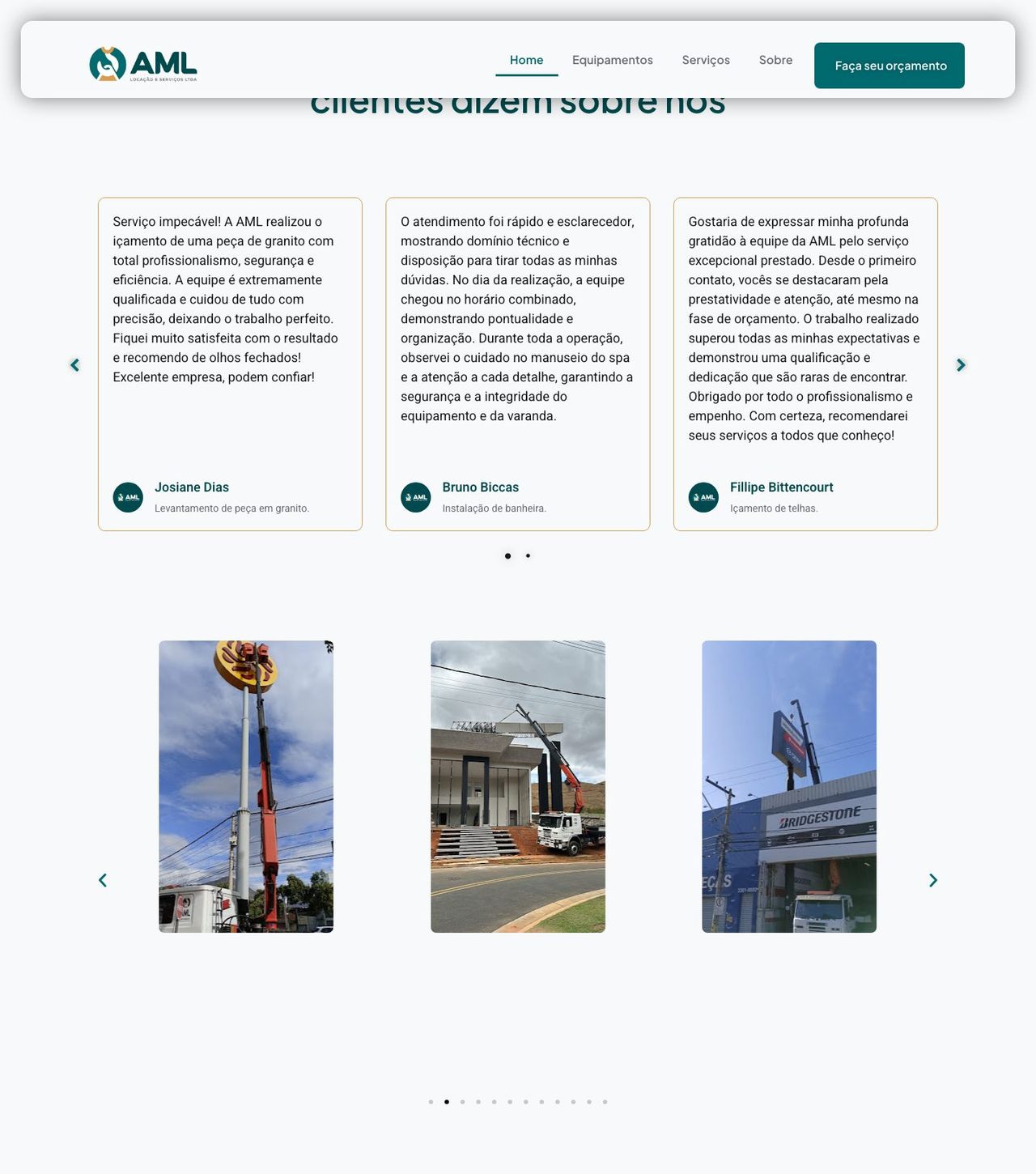 Testimonial section of the AML site, with client accounts in cards on a light background.