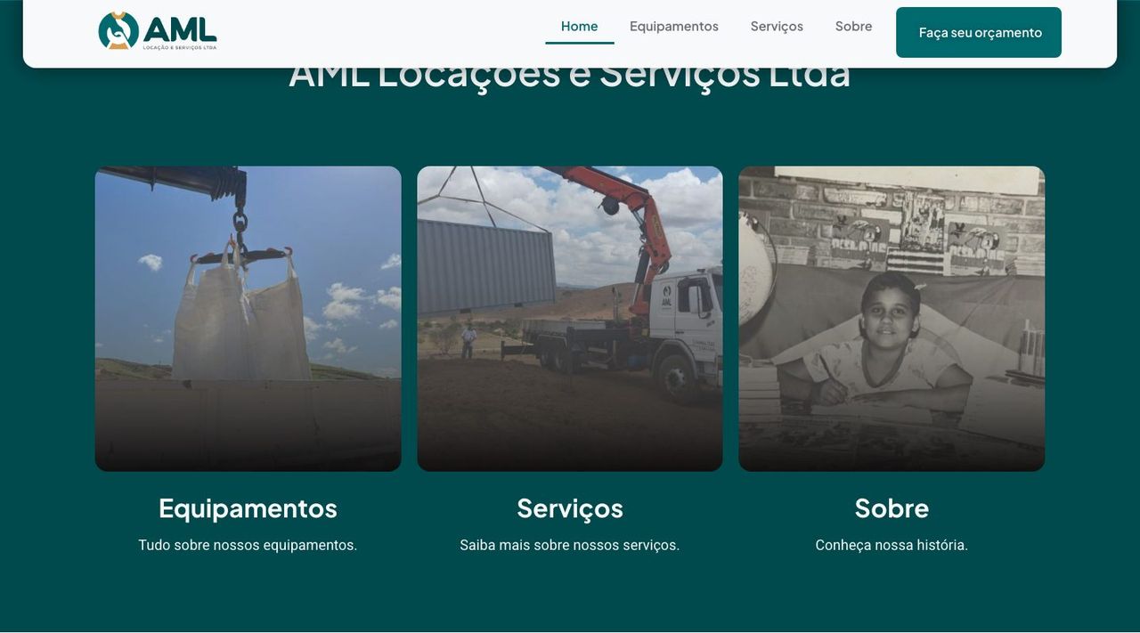 The site's navigation block: an intro to AML and three cards leading to Equipment, Services, and About.