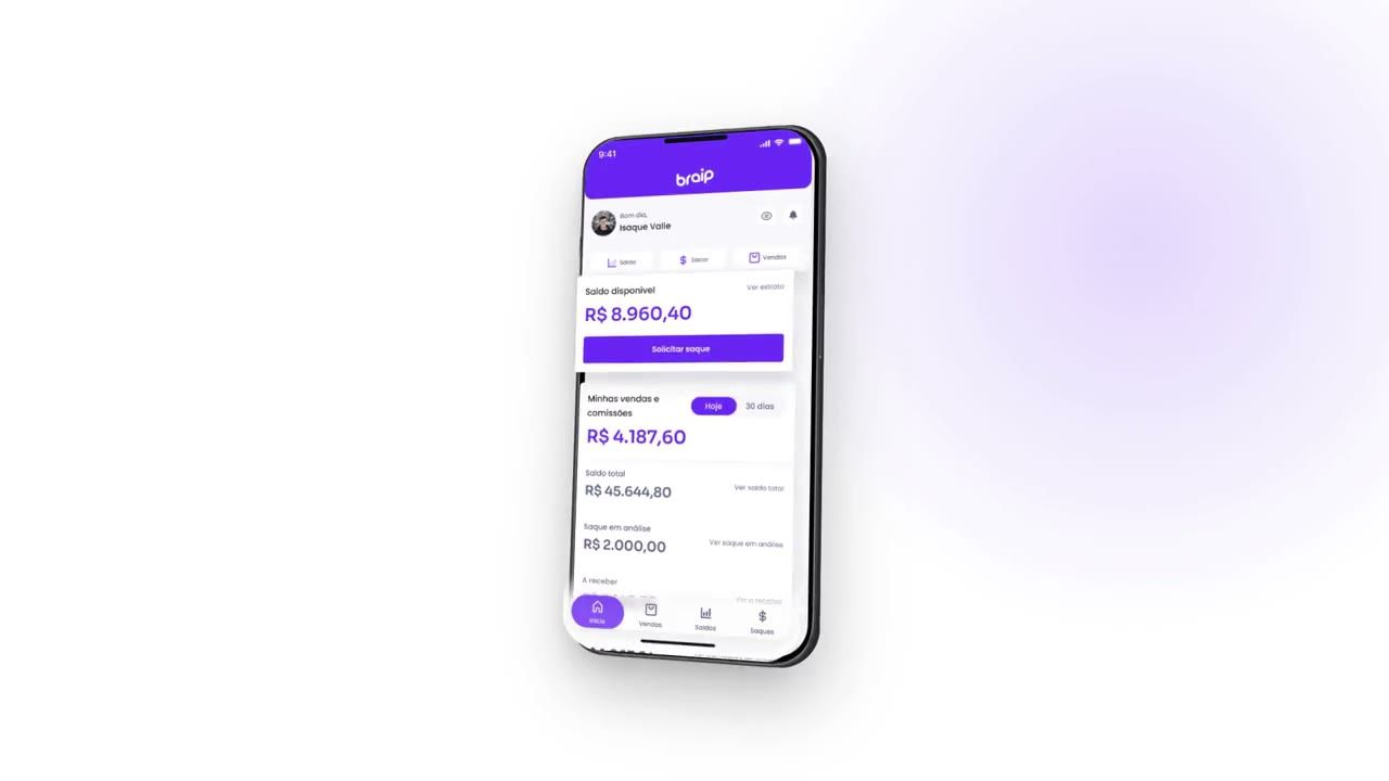 iPhone showing the Braip App home — available balance, withdraw button and sales summary — on a light lilac background.