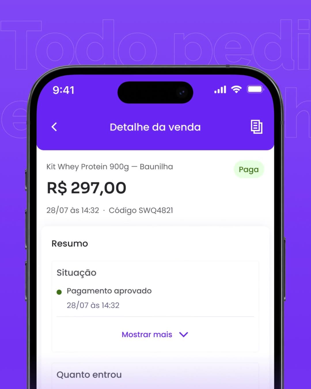 Close-up of the sale detail: product, amount paid and payment status.