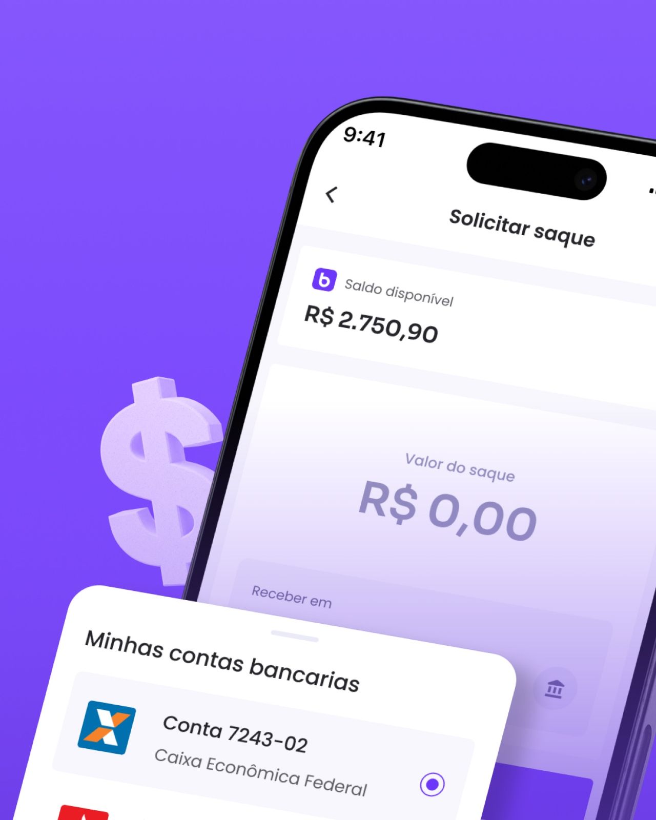 Withdrawal flow with available balance and destination bank account.