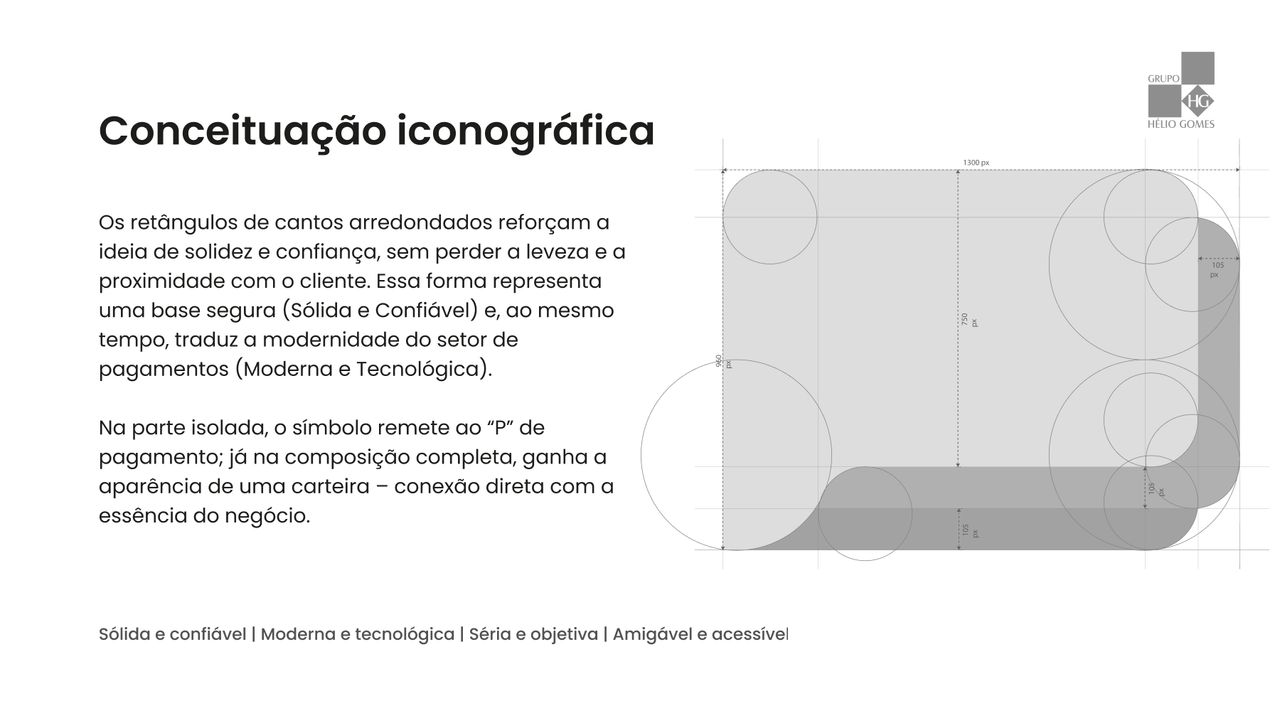 Iconographic construction of the HG Pagamentos symbol with dimensioned measurements