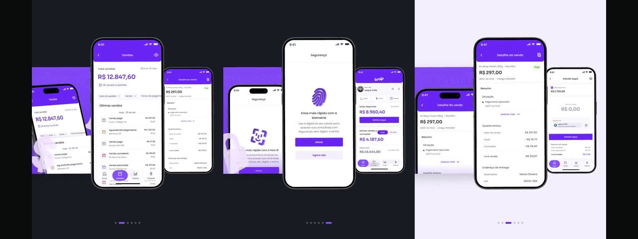 Three Braip App micro-interaction frames side by side — balance count-up, biometrics activation and sale detail.