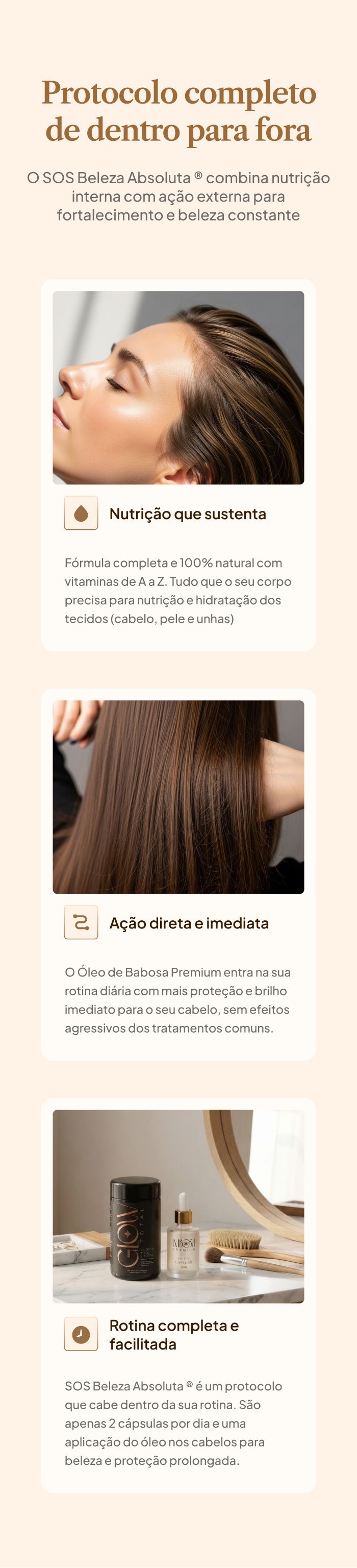 The same protocol section on mobile, with the three cards stacked vertically and the product image repositioned above the text
