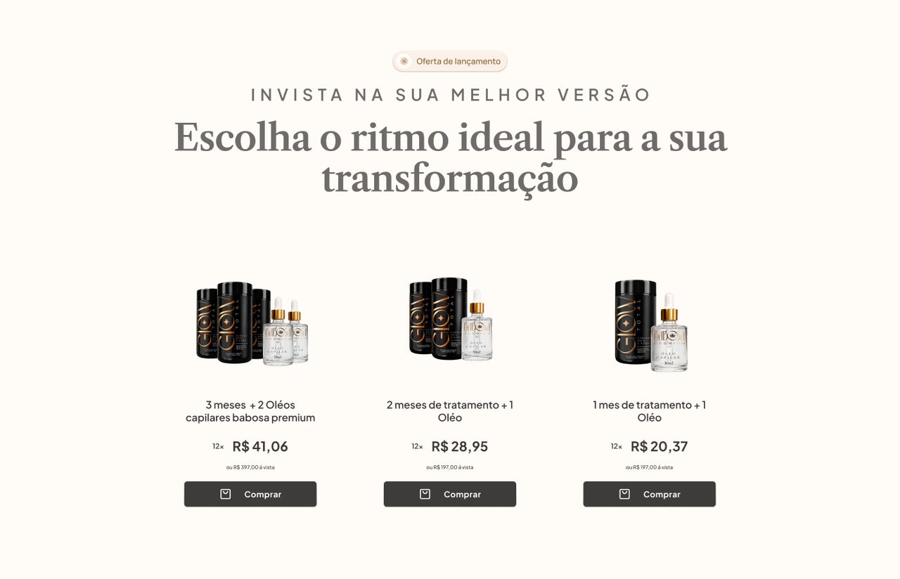 The offer section with three treatment plans side by side, each with a product composition, instalment price and buy button