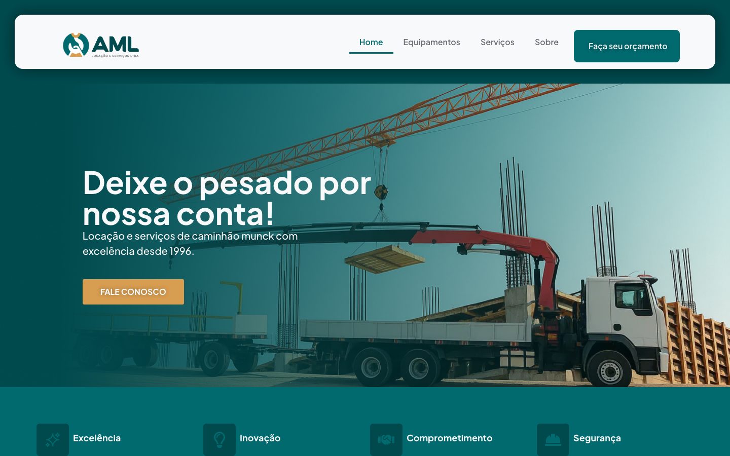 Top of the AML Locações site with the headline "Deixe o pesado por nossa conta!" over a crane-truck photo and deep teal background.
