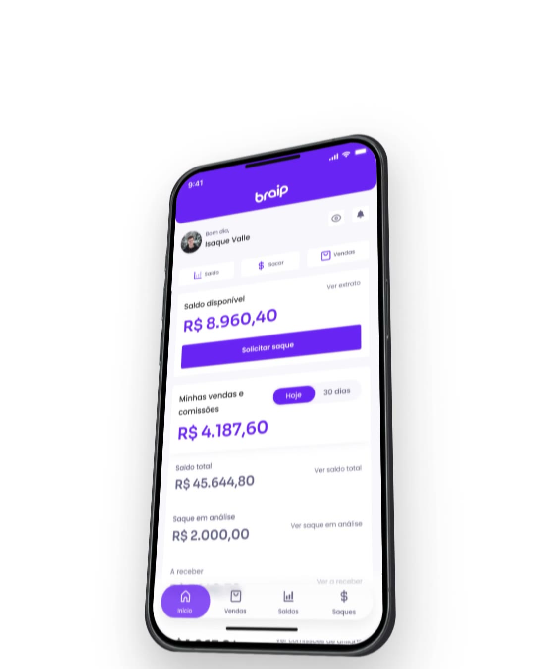 Tilted iPhone showing the Braip App home — available balance of R$ 8,960.40 and the withdraw button — on a white background.