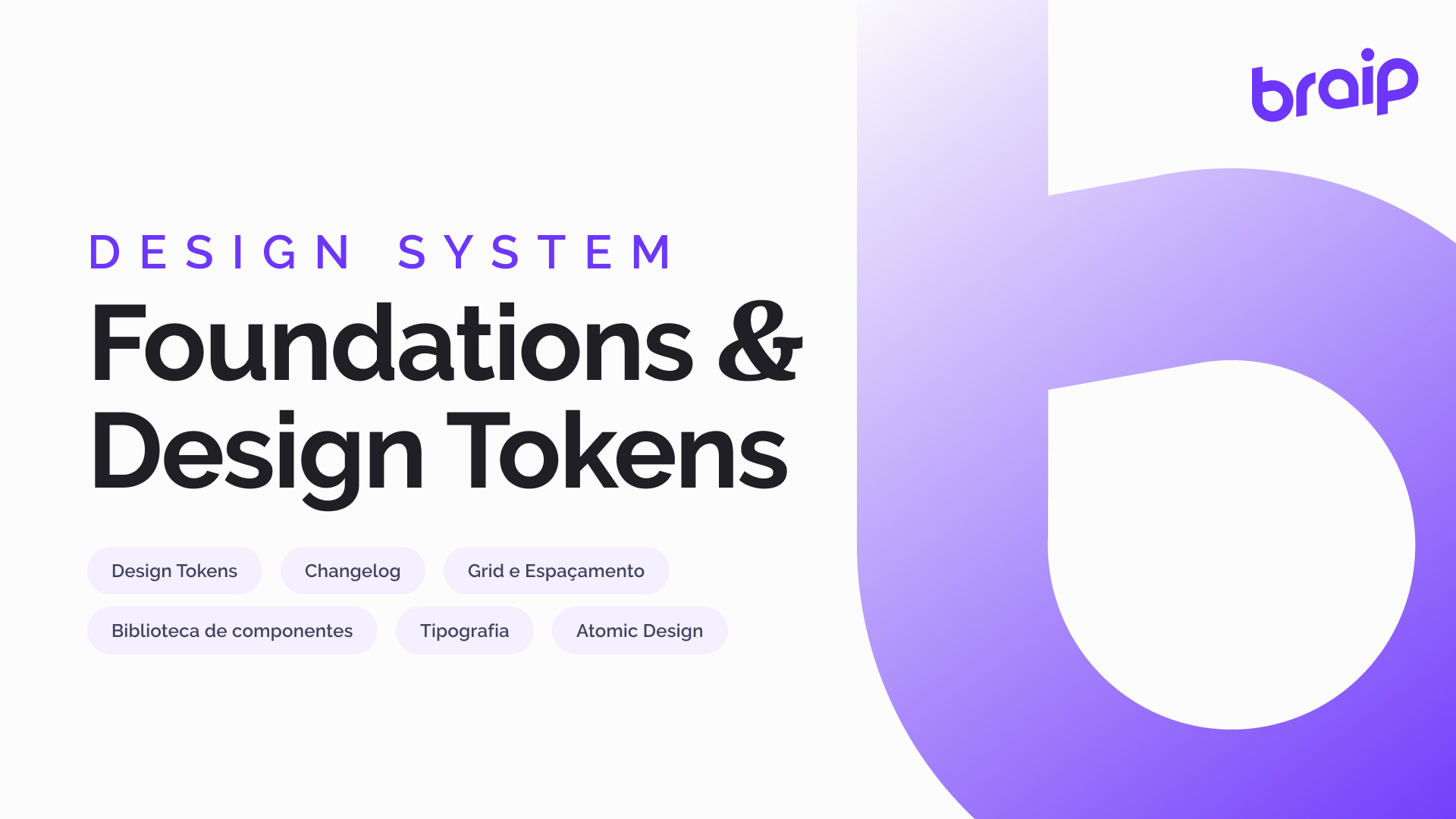 Cover of the Braip Foundations file — "Design System · Foundations & Design Tokens" over the Braip monogram in a purple gradient.