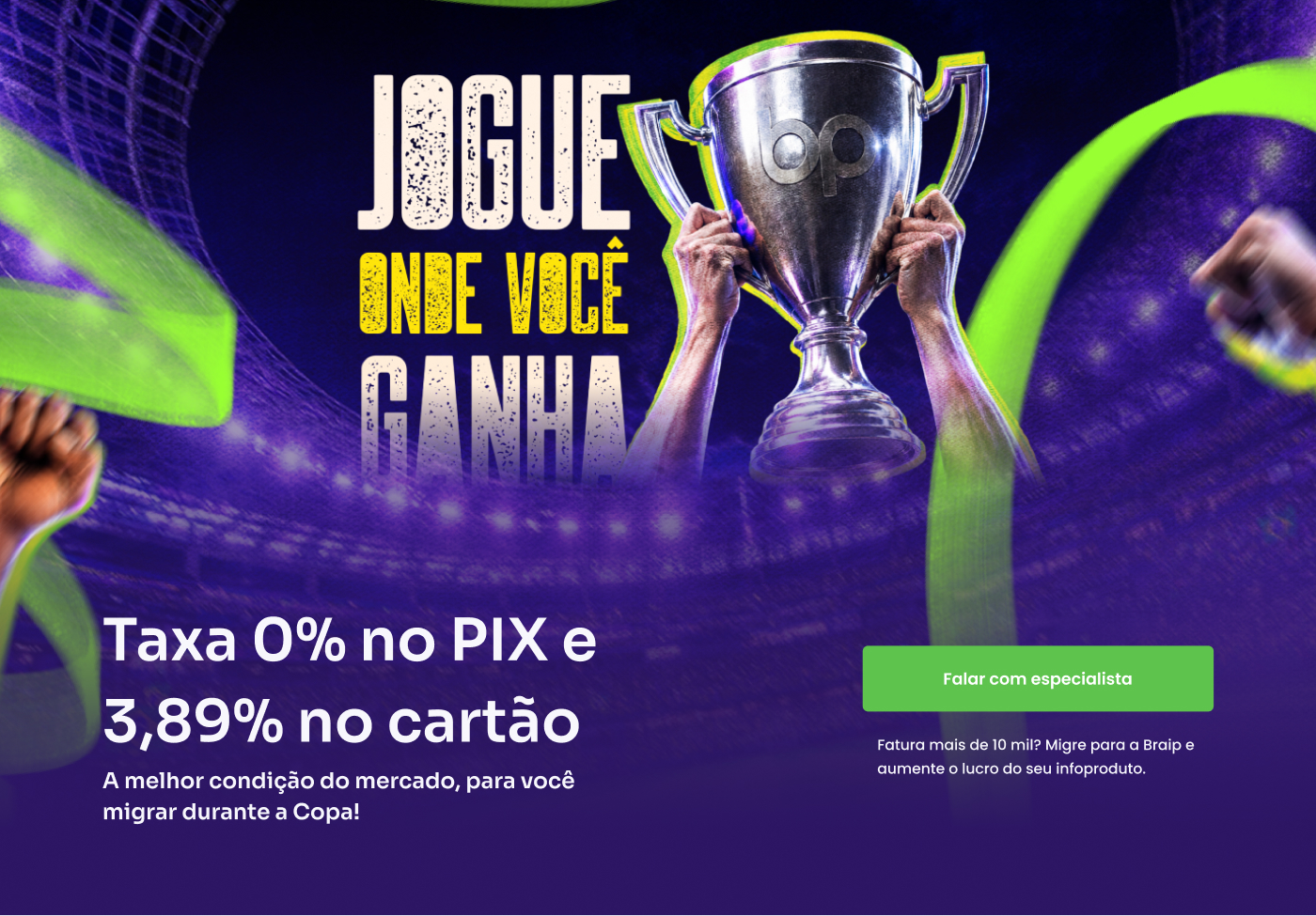 Copa Players hero with the lettering "Jogue onde você ganha", a raised trophy, and the fee headline over a purple background with green strokes.