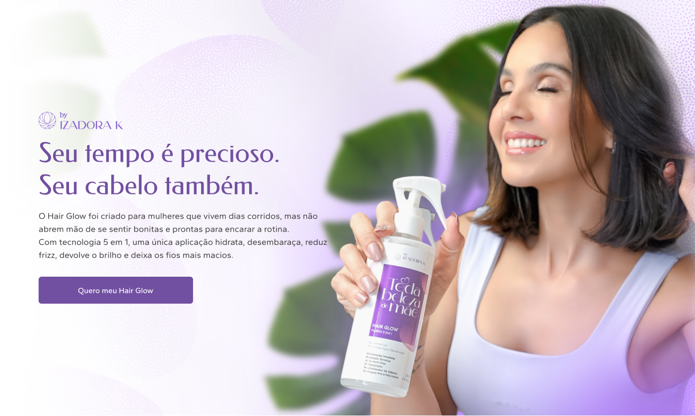 Hair Glow landing page hero — a smiling model holding the 5-in-1 fluid bottle against a soft green and purple background.