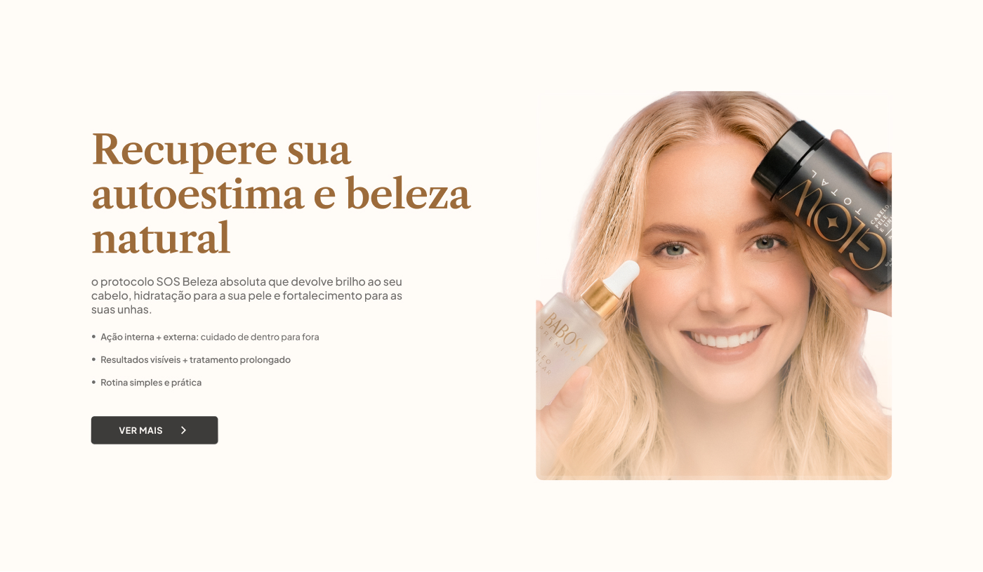 Hero of the SOS Beleza Absoluta landing page — a smiling model with her hand in her hair beside the headline "Recupere sua autoestima e beleza natural", on a light beige background.